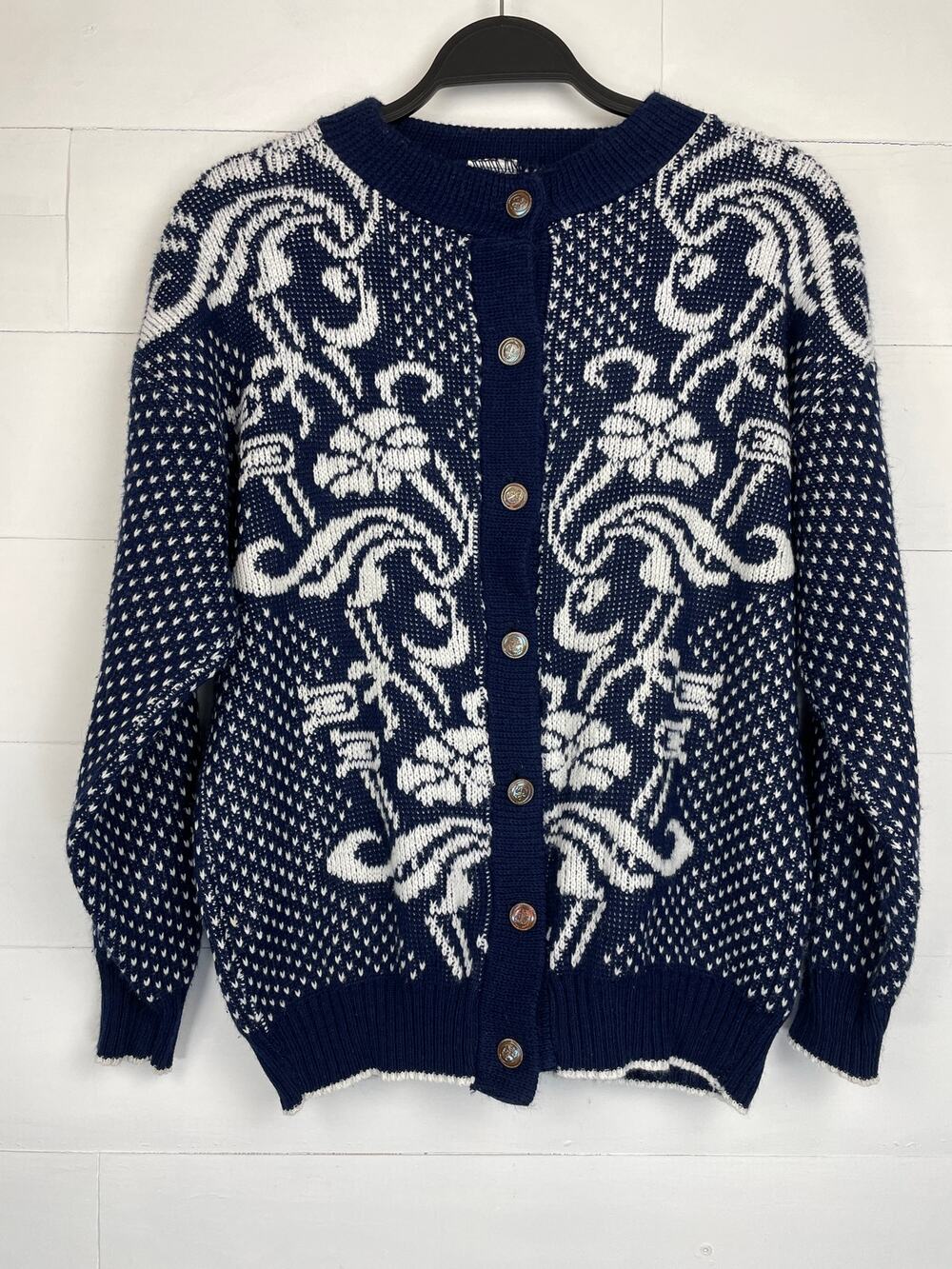 Vtg 70/80s FloralJacquard Cardi/Sweater Navy/White BirdsEye Knit MadeEngland SzM